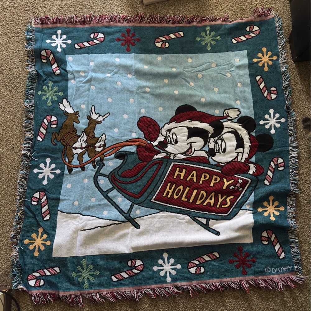Vtg Disney Christmas Mickey & Minnie Tapestry Throw Blanket Fringe Beacon USA